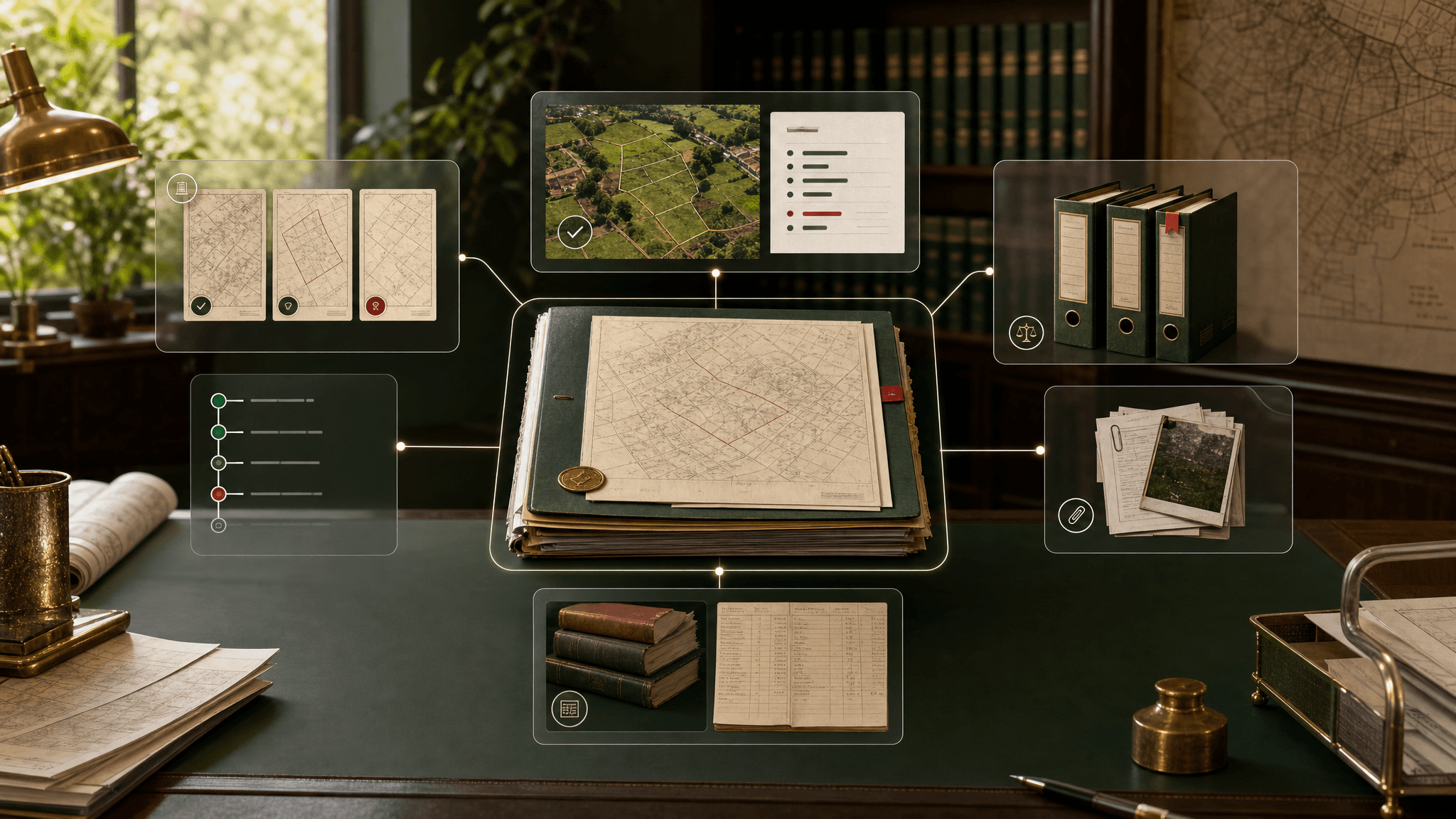 Property workflow visual with connected legal, document, and revenue records